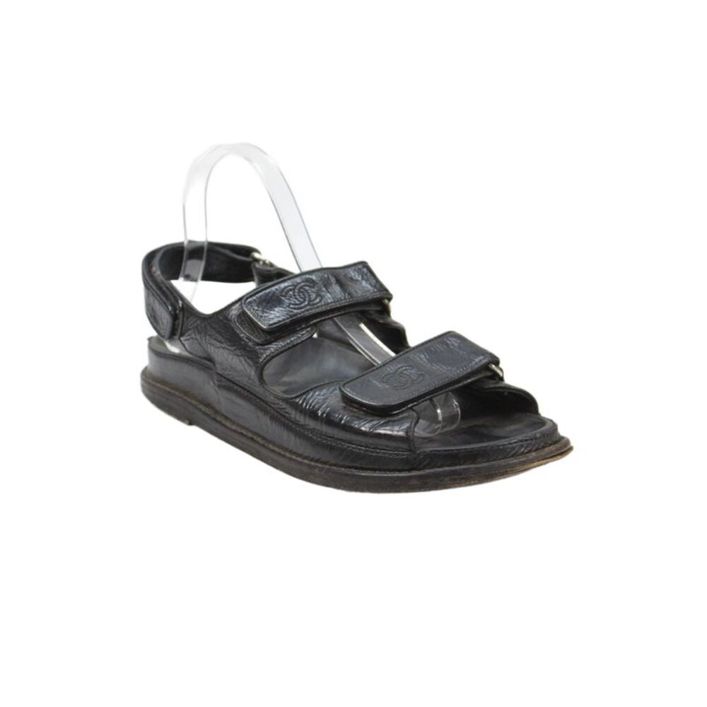 Chanel Womens Leather Double Strap Flats Slingbacks Sandals Shoes Black Size 7.5